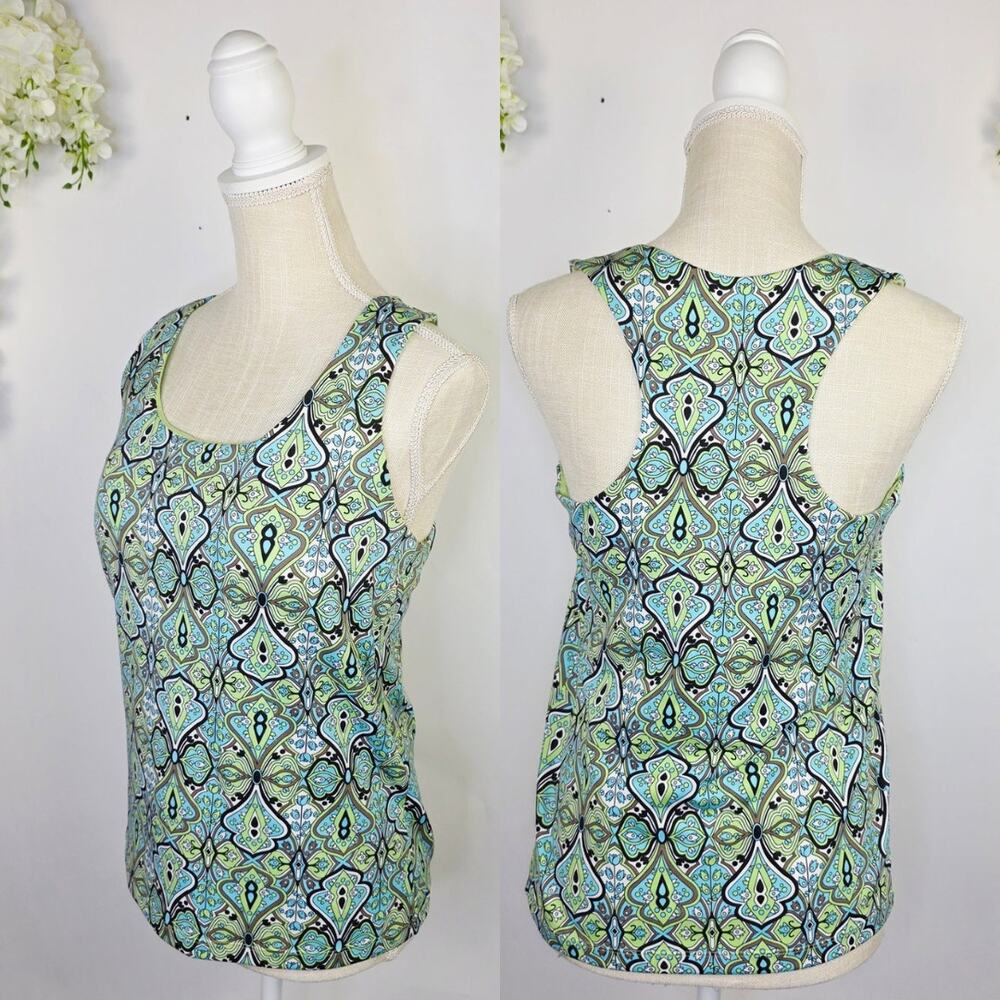 Athleta Tank Top Tankini 38C Green Blue Geometric Built-In Bra Athleisure Y2K